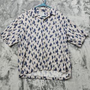 Vintage Columbia Shirt Mens M Blue Gray Flax Blend Leave Print Short Sleeves
